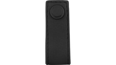 Knopf Nußloch Druckguss schwarz Leder - 74 mm lang  vor weißem Hintergrund