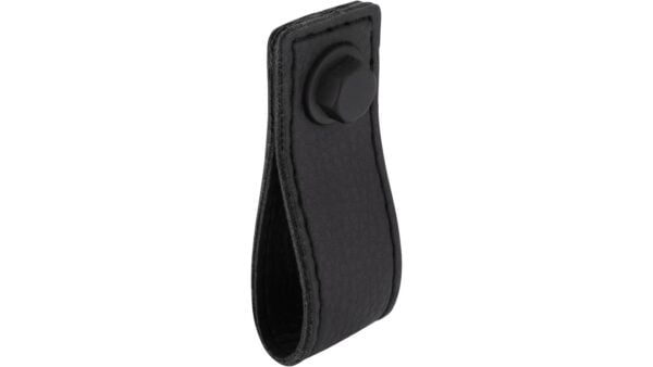 Knopf Nußloch Druckguss schwarz Leder - 74 mm lang  vor weißem Hintergrund