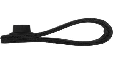 Knopf Nußloch Druckguss schwarz Leder - 74 mm lang  vor weißem Hintergrund