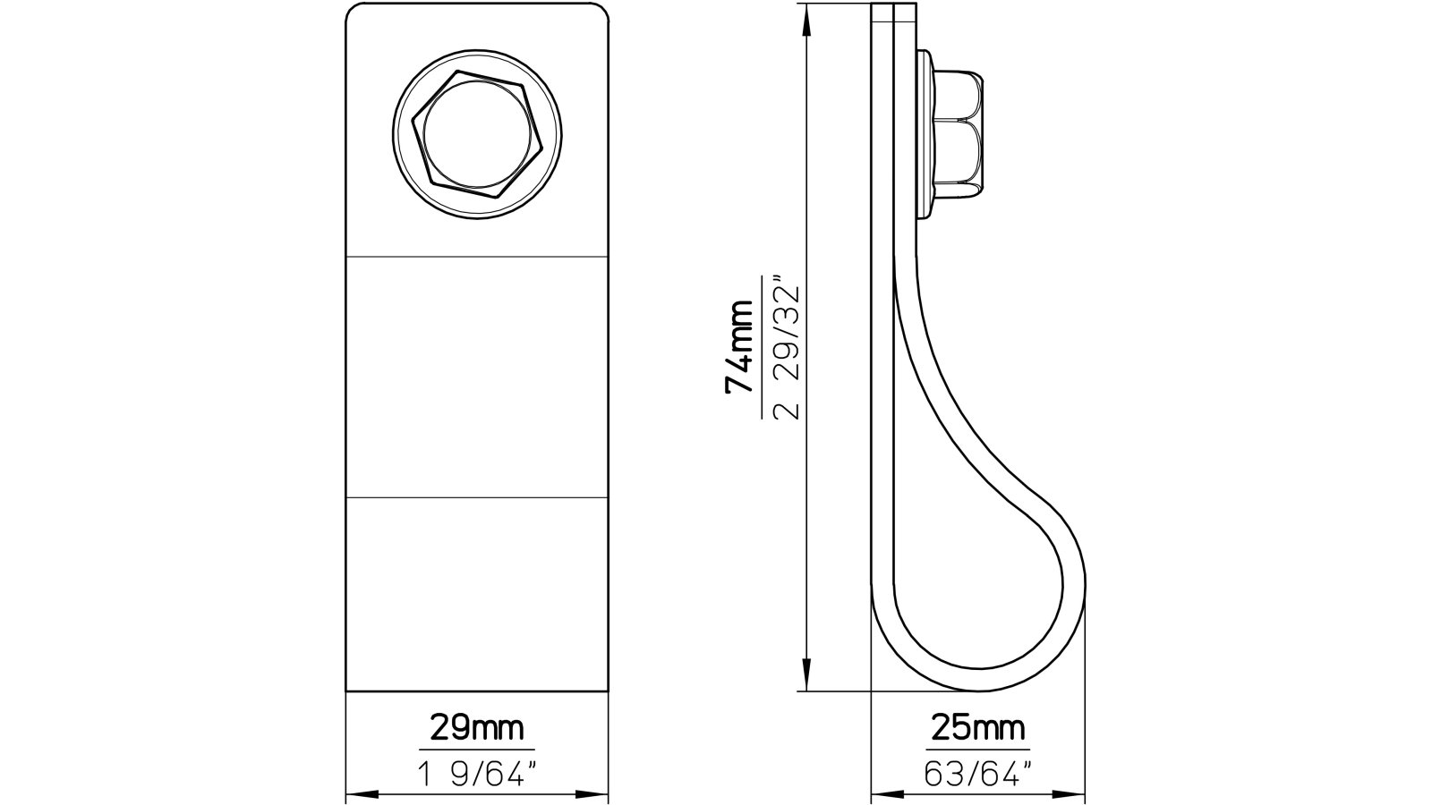 Moebelknopf-Nussloch-schwarz-Leder-Zinkdruckguss-laenge-74-902632-technische-zeichnung Knopf Nußloch Druckguss schwarz Leder - 74 mm lang vor weißem Hintergrund