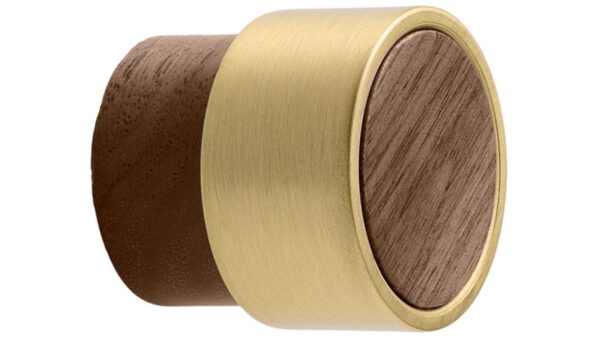 Knopf RADIO-MINI Holz Nussbaum-Zink - Lackiert/Gold gebürstet - 26 mm lang vor weißem Hintergrund