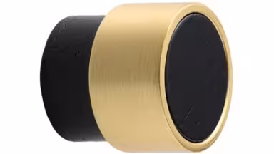 Knopf RADIO-MINI Holz Asche-Zink - Schwarz gebeizt/Gold gebürstet - 26 mm lang vor weißem Hintergrund