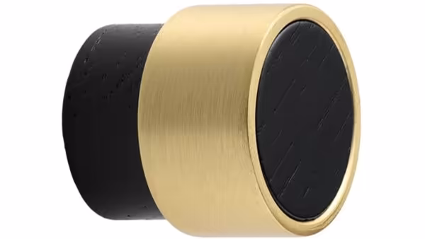 Knopf RADIO-MINI Holz Asche-Zink - Schwarz gebeizt/Gold gebürstet - 26 mm lang  vor weißem Hintergrund