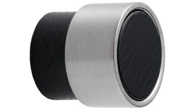 Knopf RADIO-MINI Holz Asche-Zink - Schwarz gebeizt/Edelstahloptik - 26 mm lang vor weißem Hintergrund