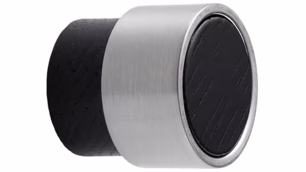 Knopf RADIO-MINI Holz Asche-Zink - Schwarz gebeizt/Edelstahloptik - 26 mm lang  vor weißem Hintergrund