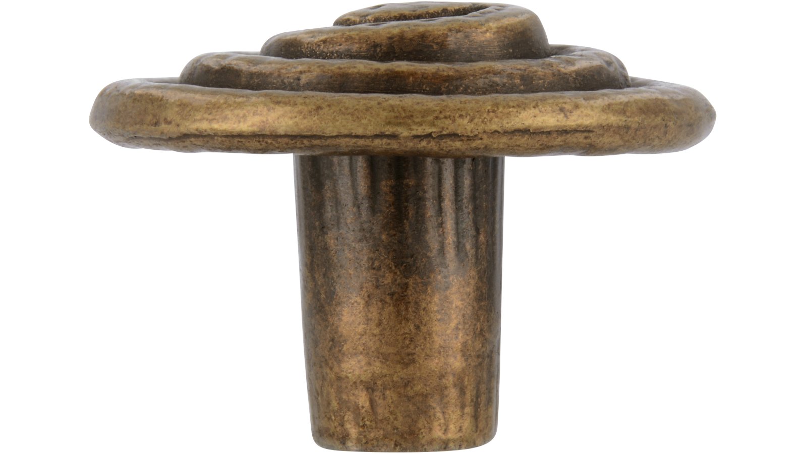 Knopf Radevormwald Druckguss altmessingfarbig brüniert getrommelt - 33 mm lang  vor weißem Hintergrund