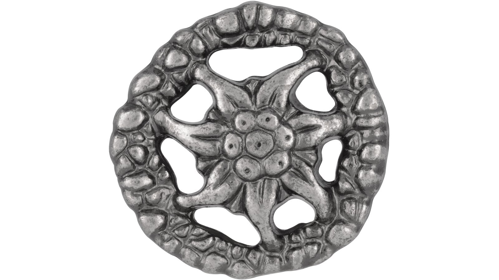 Knopf Wedemark Druckguss altsilberfarbig - 36 mm lang  vor weißem Hintergrund