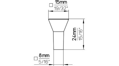 Knopf Weilheim Druckguss alufarbig pulverbeschichtet - 15 mm lang  vor weißem Hintergrund