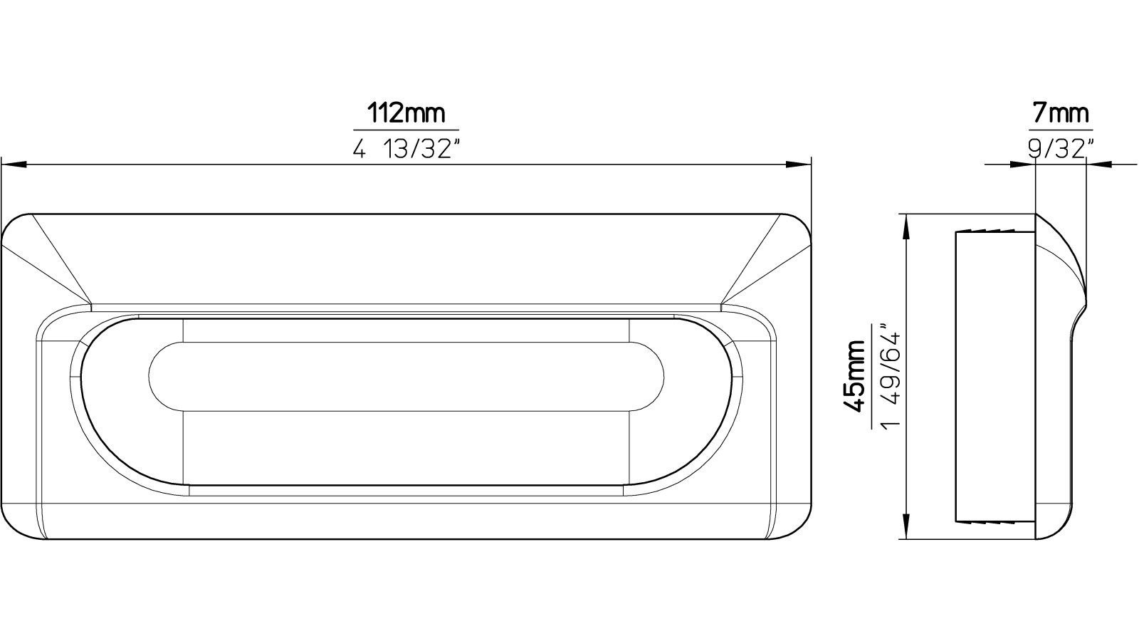 Muschelgriff-Erfurt-nickel-Kunststoff-laenge-112-673014-technische-zeichnung Muschel Erfurt Kunststoff metallisiert nickel - 112 mm lang vor weißem Hintergrund