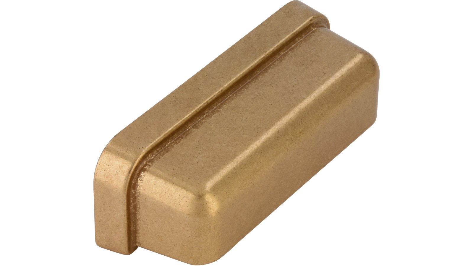 Muschelgriff Ostbevern Druckguss messingfarbig getrommelt matt - 78 mm lang  vor weißem Hintergrund