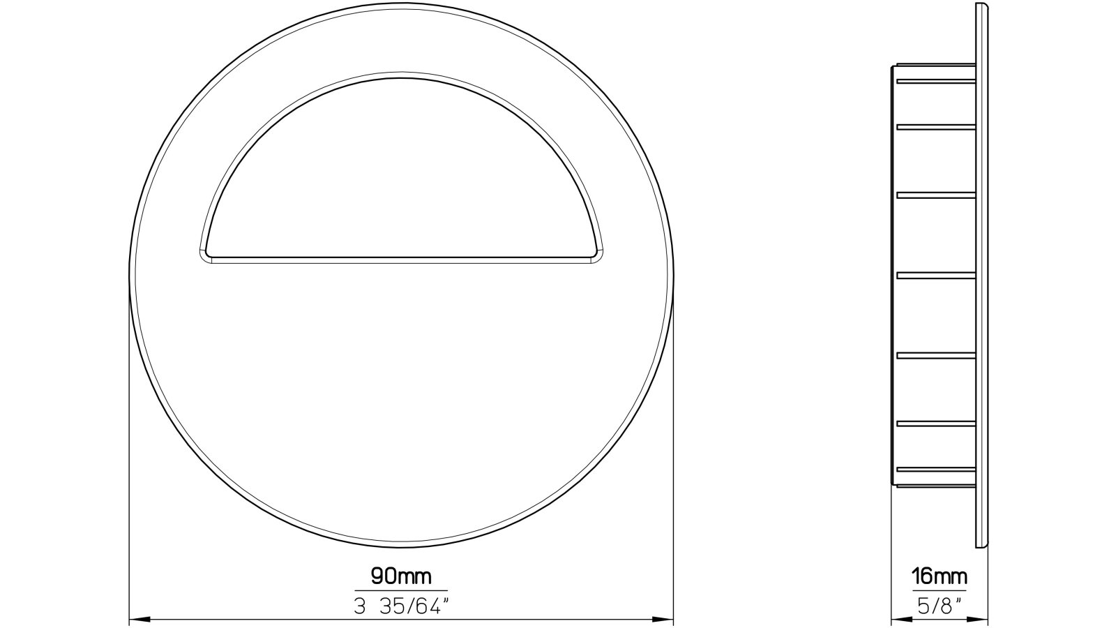 Muschelgriff-Ratekau-chrom-Stahl-Zinkdruckguss-laenge-90-728162-technische-zeichnung Muschel Ratekau Druckguss - Stahl chrom glänzend - 90 mm lang vor weißem Hintergrund