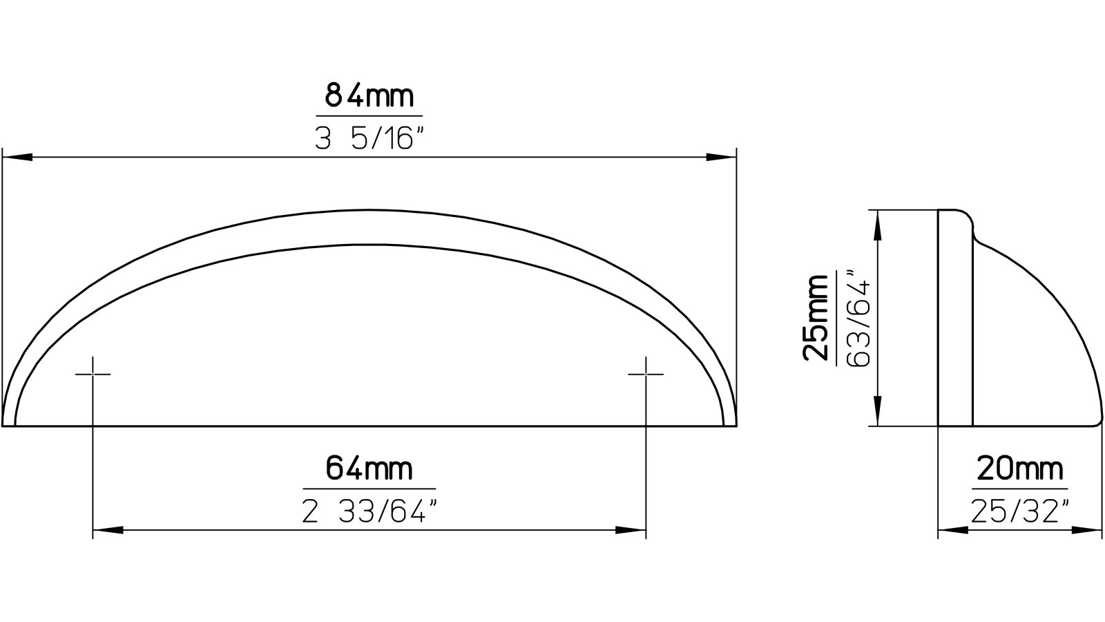 Muschelgriff-Suhl-nickel-Zinkdruckguss-laenge-84-330624-technische-zeichnung Muschel Suhl Druckguss matt vernickelt - 84 mm lang vor weißem Hintergrund