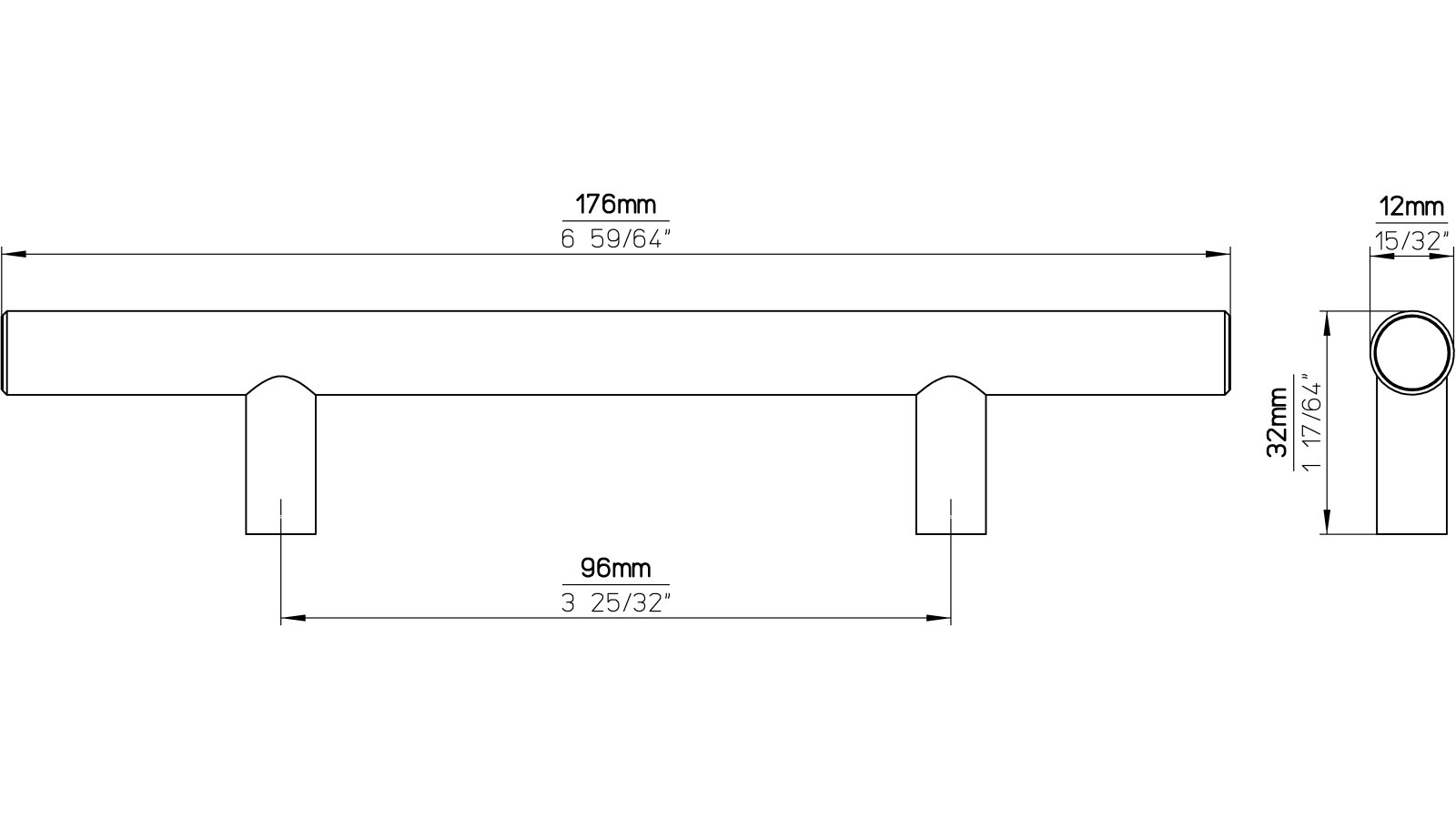 Stangengriff Gnarrenburg Edelstahl fein geschliffen - 176 mm lang  vor weißem Hintergrund