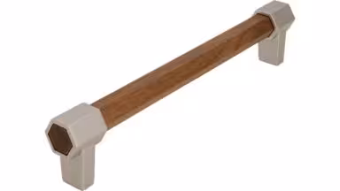 Stangengriff Hex Druckguss - Holz nussbaum natur lackiert edelstahleffekt - 180 mm lang vor weißem Hintergrund
