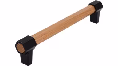 Stangengriff Hex Druckguss - Holz eiche natur lackiert schwarz matt pulverbeschichtet - 180 mm lang vor weißem Hintergrund