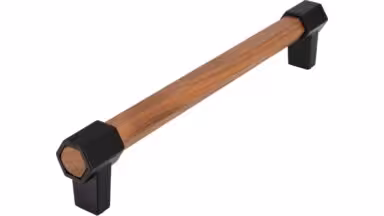 Stangengriff Hex Druckguss - Holz nussbaum natur lackiert schwarz matt pulverbeschichtet - 180 mm lang vor weißem Hintergrund