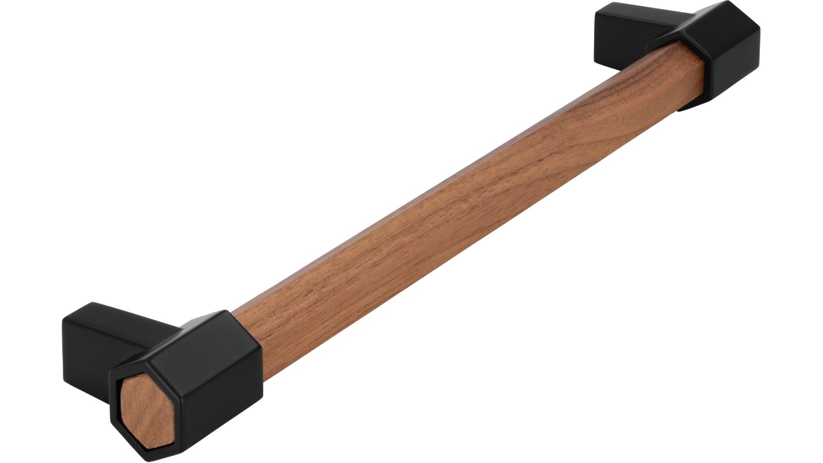 Stangengriff Hex Druckguss - Holz nussbaum natur lackiert schwarz matt pulverbeschichtet - 180 mm lang  vor weißem Hintergrund