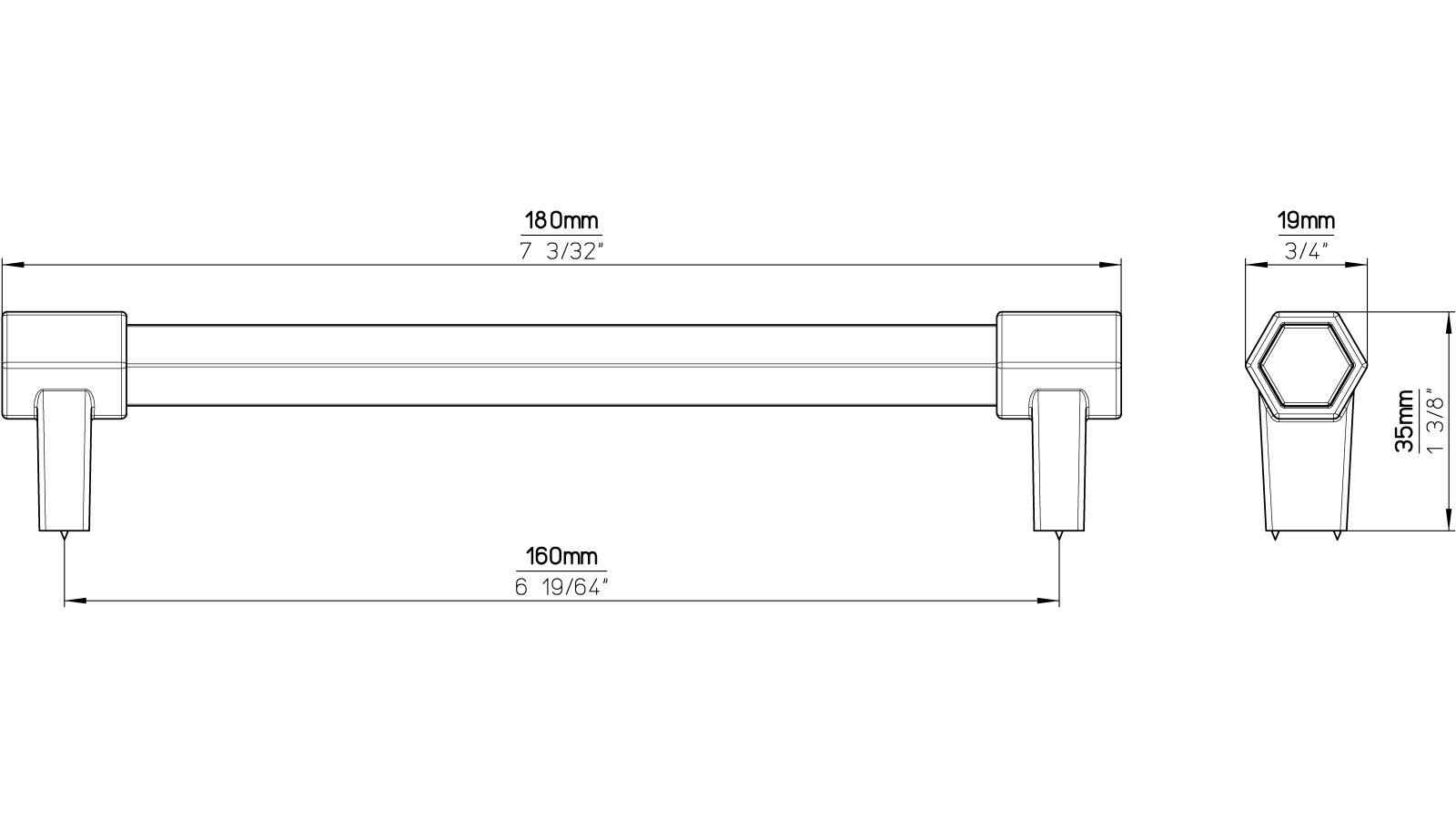 Stangengriff Hex Druckguss - Holz nussbaum natur lackiert schwarz matt pulverbeschichtet - 180 mm lang  vor weißem Hintergrund