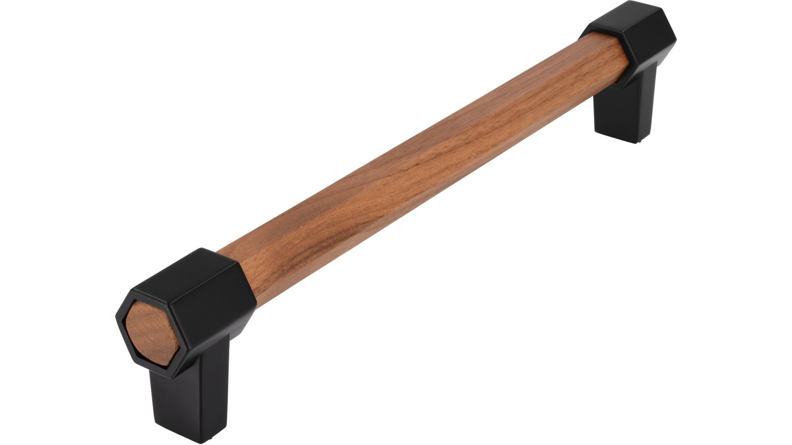 Stangengriff Hex Druckguss - Holz nussbaum natur lackiert schwarz matt pulverbeschichtet - 180 mm lang  vor weißem Hintergrund