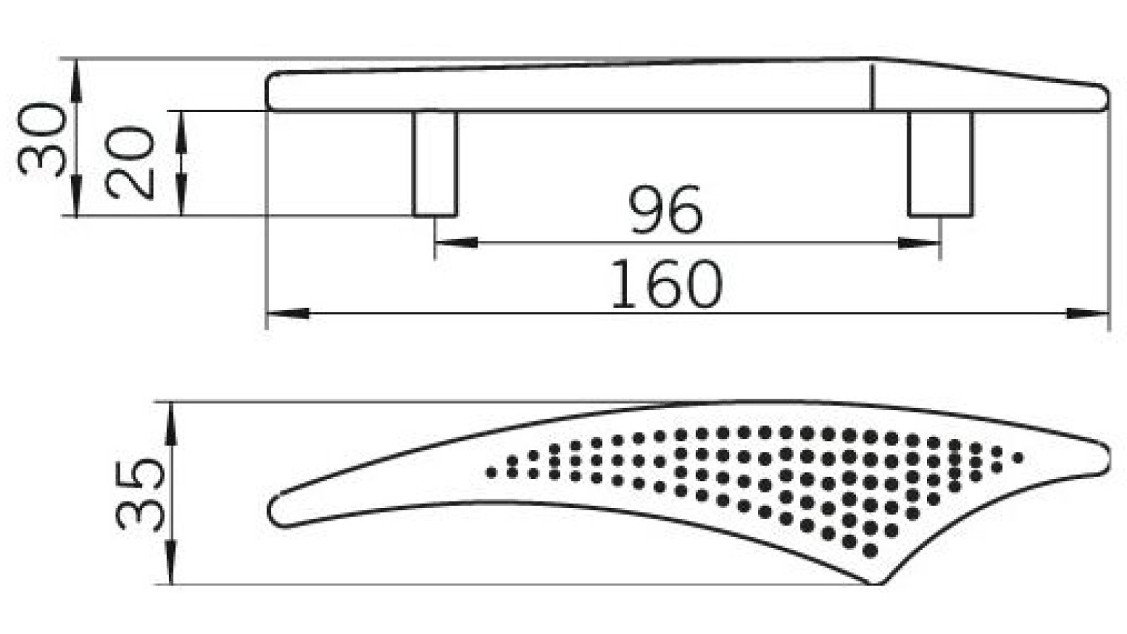 Moebelgriff-Glauchau-messing-Messing-Zinkdruckguss-laenge-160-576602-technische-zeichnung Griff Glauchau Zinkdruckguß - glänzend vermessingt Links - 160 mm lang vor weißem Hintergrund