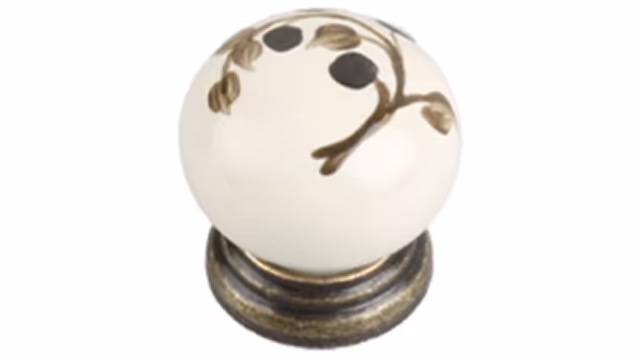 Knopf Neutraubling Zamak Porzellan antik beige Blumen grün schwarz - 30 mm lang  vor weißem Hintergrund
