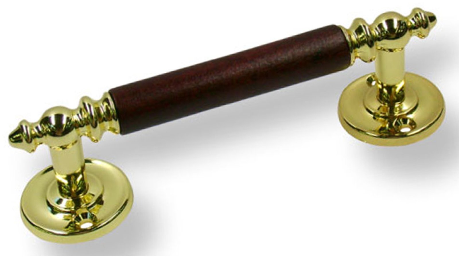 Stangengriff Hildburghausen Holz - Druckguss buche auf mahagoni gebeizt lackiert glänzend vermessingt - 128 mm lang  vor weißem Hintergrund