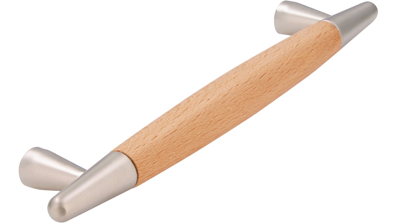 Stangengriff München Holz - Druckguss buche natur lackiert matt vernickelt - 166 mm lang  vor weißem Hintergrund