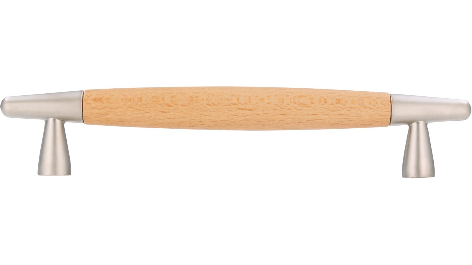 Stangengriff München Holz - Druckguss buche natur lackiert matt vernickelt - 166 mm lang  vor weißem Hintergrund