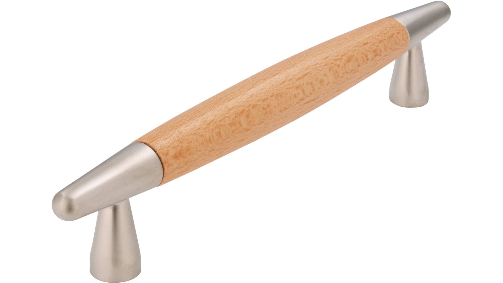 Stangengriff München Holz - Druckguss buche natur lackiert matt vernickelt - 166 mm lang  vor weißem Hintergrund
