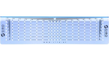 Bohrschablone Plön Kunststoff blau transparent - 288 mm lang  vor weißem Hintergrund