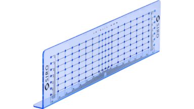 Bohrschablone Plön Kunststoff blau transparent - 288 mm lang  vor weißem Hintergrund