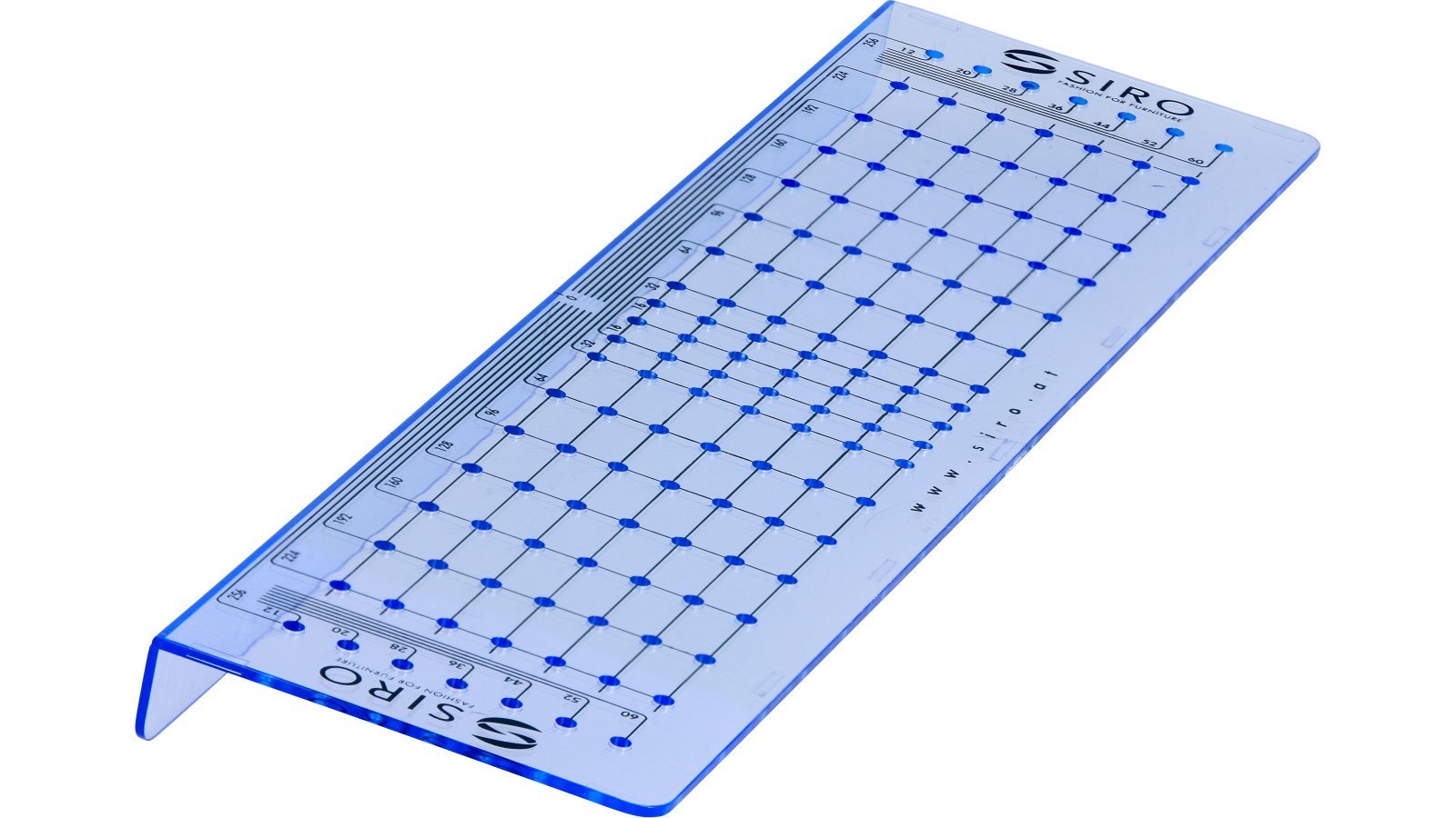 Bohrschablone Plön Kunststoff blau transparent - 288 mm lang  vor weißem Hintergrund