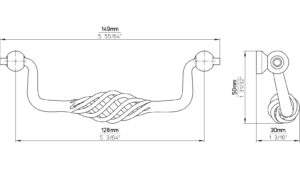 Haengegriff-Rudolstadt-brueniert-zinnfarbig-Stahl-Zinkdruckguss-laenge-147-560304-technische-zeichnung Klöppel Rudolstadt Stahl - Druckguss altzinnfarbig brüniert - 147 mm lang vor weißem Hintergrund