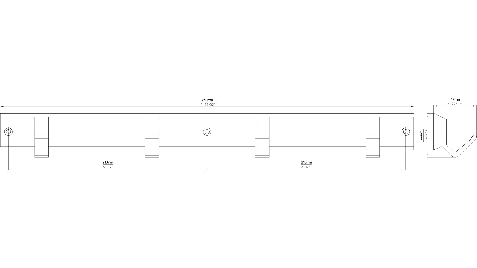 Hakenleiste Grefrath Aluminium - Kunststoff silber natur matt weiß - 450 mm lang  vor weißem Hintergrund