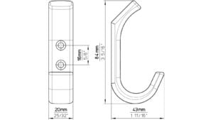 Haken Bedburg Druckguss chrom matt - 84 mm lang  vor weißem Hintergrund