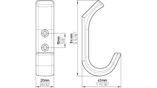Haken Bedburg Druckguss chrom matt - 84 mm lang  vor weißem Hintergrund