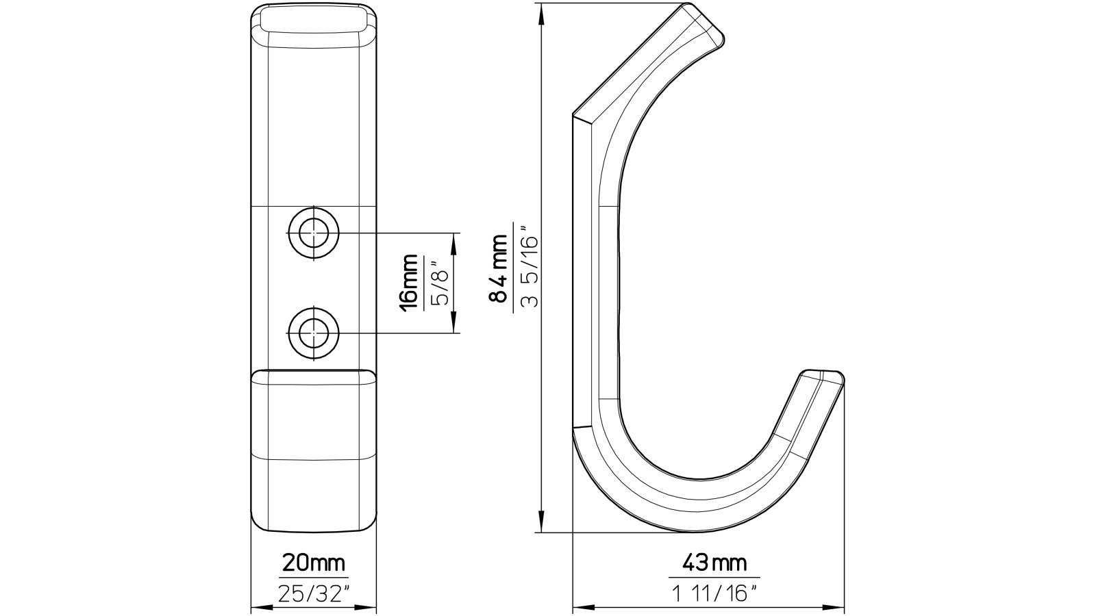 Haken Bedburg Druckguss chrom matt - 84 mm lang  vor weißem Hintergrund
