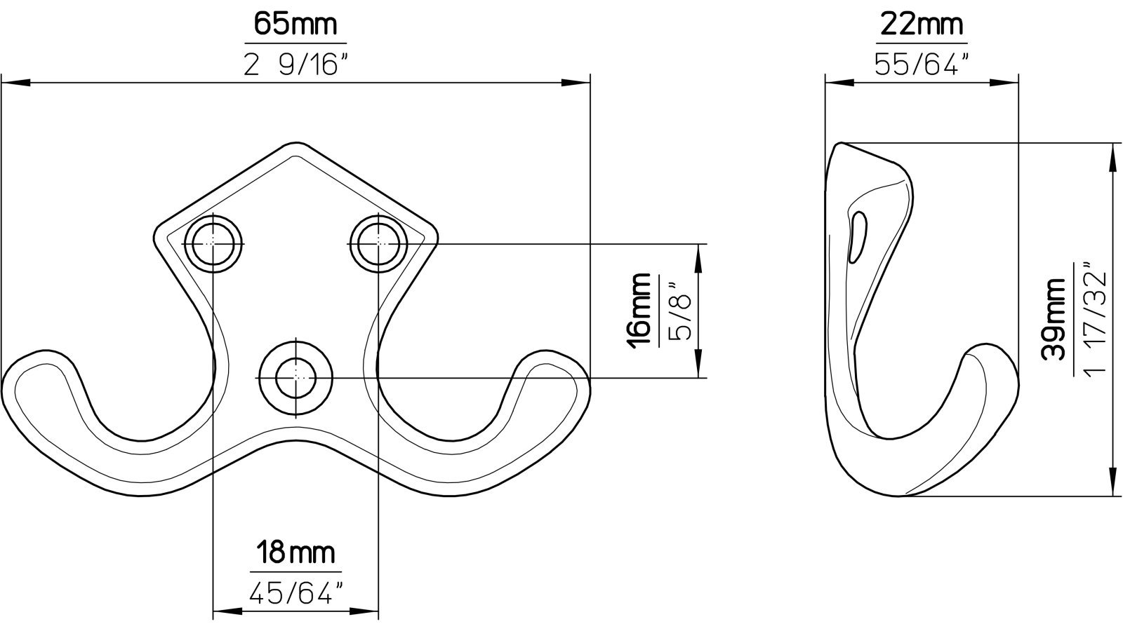 Haken Emmerich Druckguss reinweiß pulverbeschichtet - 39 mm lang  vor weißem Hintergrund
