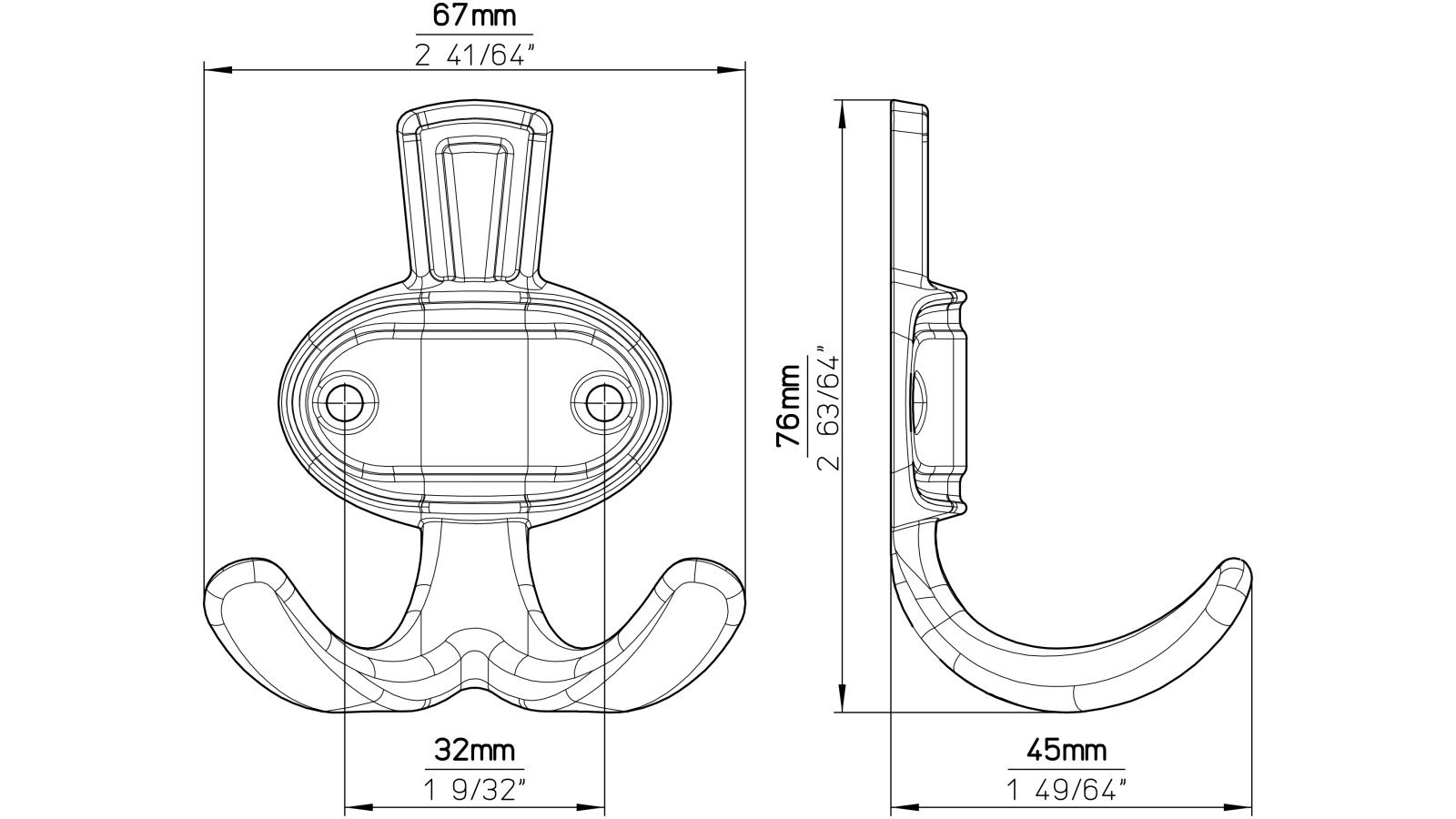 Haken Forchheim Druckguss matt vernickelt - 76 mm lang  vor weißem Hintergrund