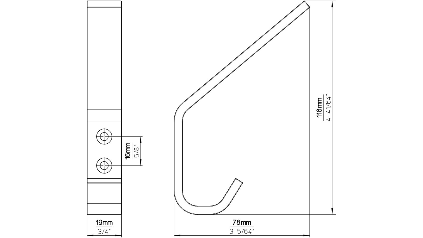 Haken Grünberg Aluminium schwarz matt pulverbeschichtet - 120 mm lang  vor weißem Hintergrund