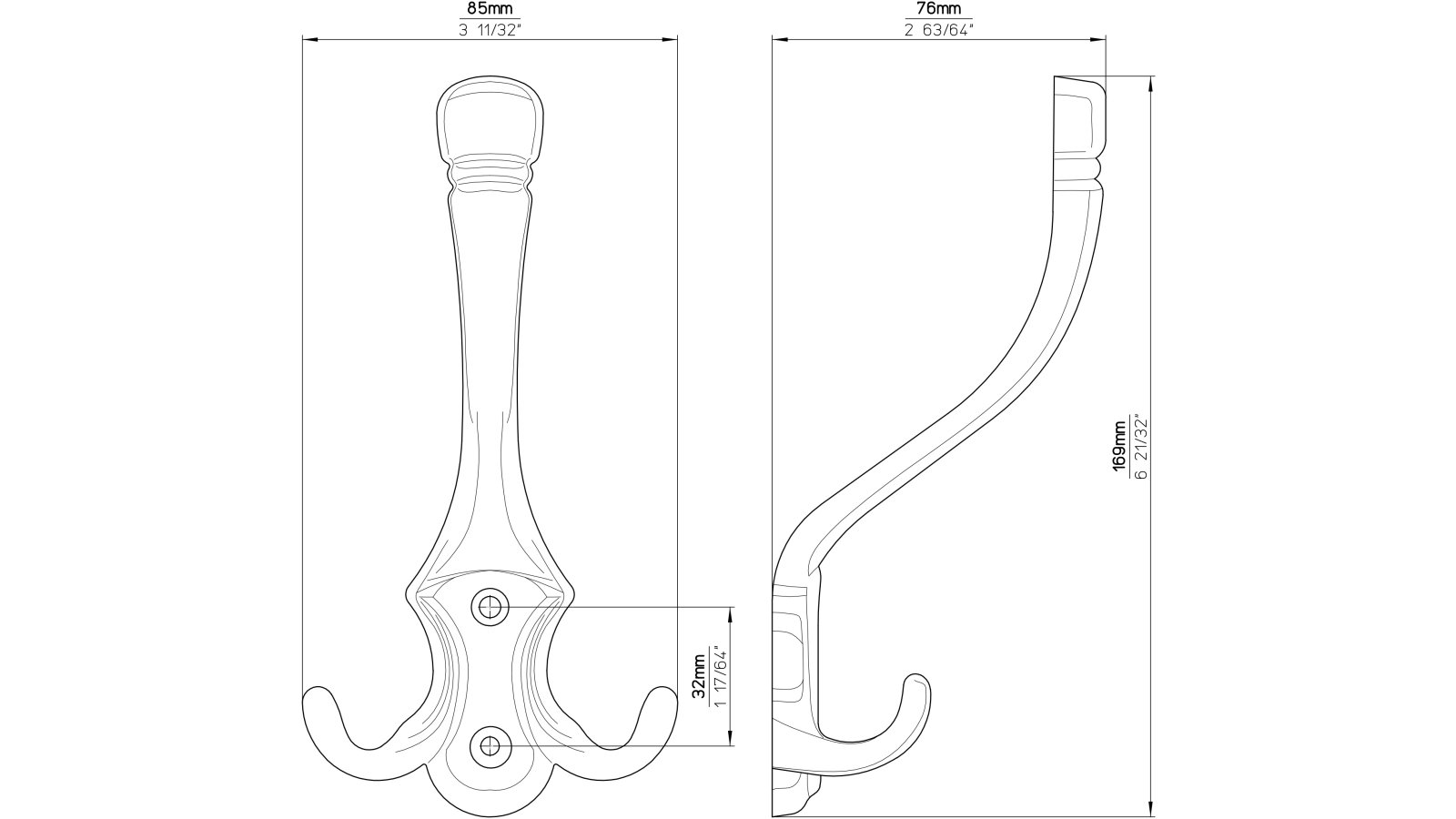 Haken Gütersloh Druckguss glänzend vermessingt - 170 mm lang  vor weißem Hintergrund