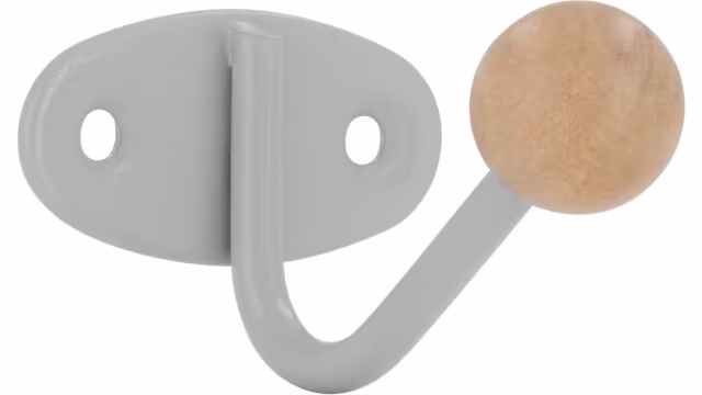 Haken Horb Stahl - Holz silbergrau metallic pulverbeschichtet ahorn natur lackiert - 40 mm lang vor weißem Hintergrund
