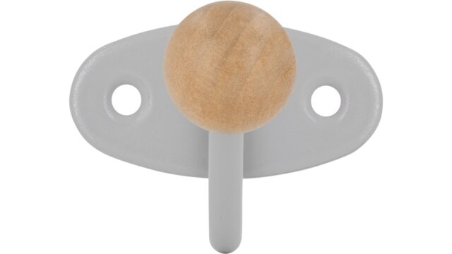 Haken Horb Stahl - Holz silbergrau metallic pulverbeschichtet ahorn natur lackiert - 40 mm lang  vor weißem Hintergrund