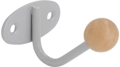 Haken Horb Stahl - Holz silbergrau metallic pulverbeschichtet ahorn natur lackiert - 40 mm lang  vor weißem Hintergrund