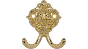 Haken Moers Druckguss glänzend vermessingt - 64 mm lang  vor weißem Hintergrund