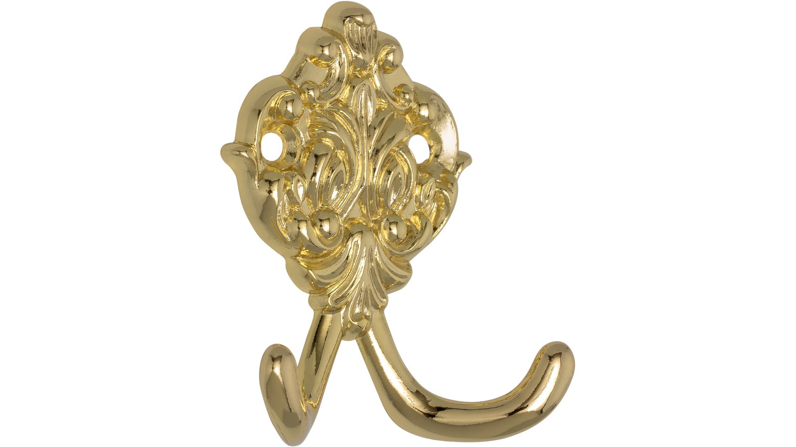 Haken Moers Druckguss glänzend vermessingt - 64 mm lang  vor weißem Hintergrund