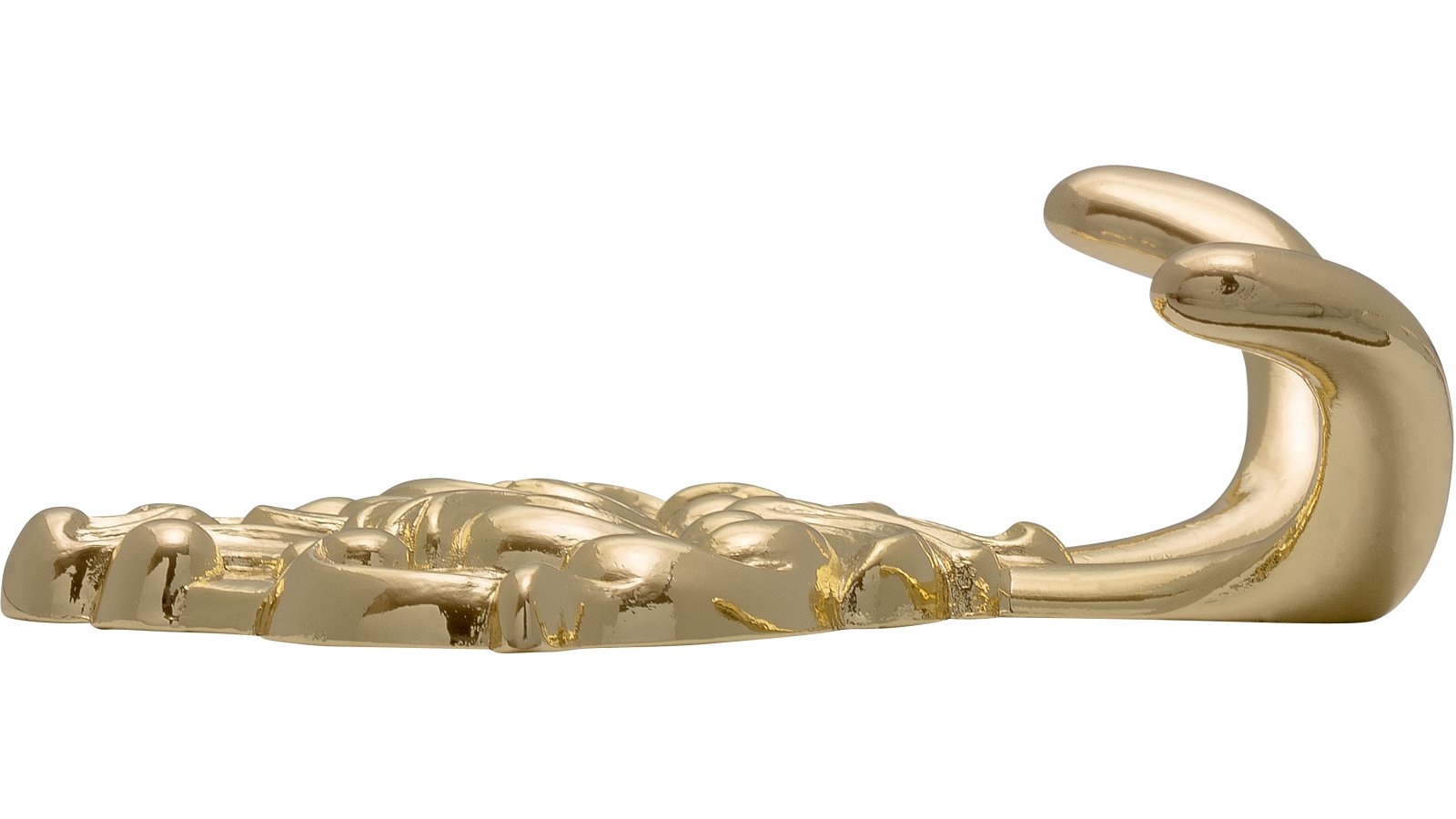 Haken Moers Druckguss glänzend vermessingt - 64 mm lang  vor weißem Hintergrund