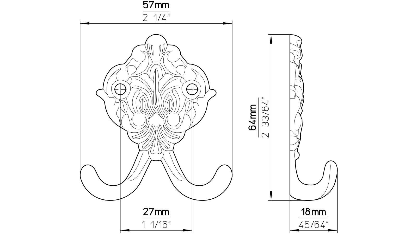 Haken Moers Druckguss glänzend vermessingt - 64 mm lang  vor weißem Hintergrund