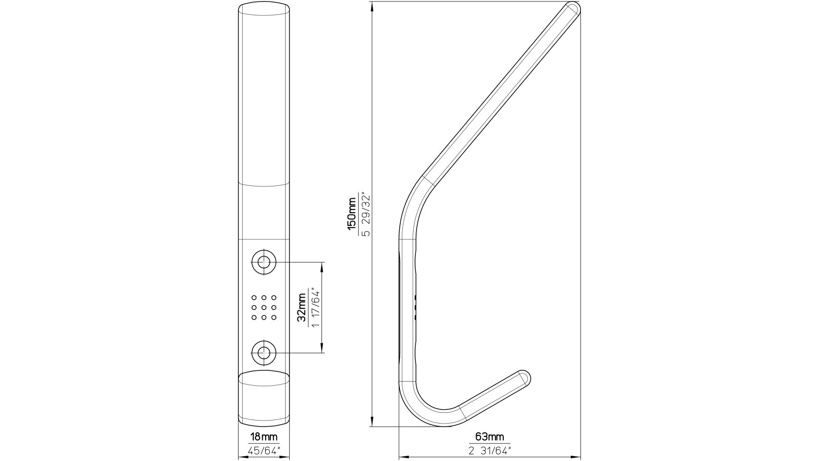 Kleiderhaken-Quickborn-nickel-Zinkdruckguss-laenge-150-626464-technische-zeichnung Haken Quickborn Druckguss vernickelt feingeschliffen - 150 mm lang vor weißem Hintergrund