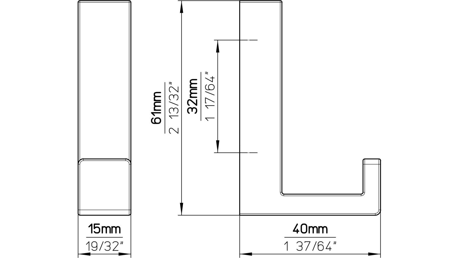 Haken SalzhemmendorfSalzhemmendorf Druckguss alufarbig pulverbeschichtet - 61 mm lang  vor weißem Hintergrund